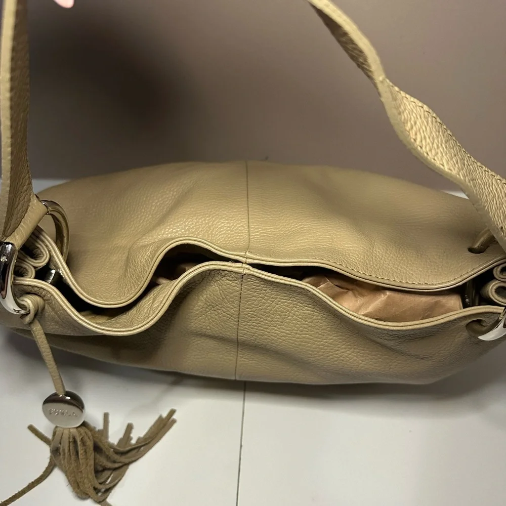 Furla Light Taupe Pebbled Leather Hobo Shoulder Bag with Tassel - EUC